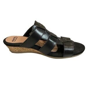 EARTH Pisa Harwich black leather mules cork wedges small heigh size 8